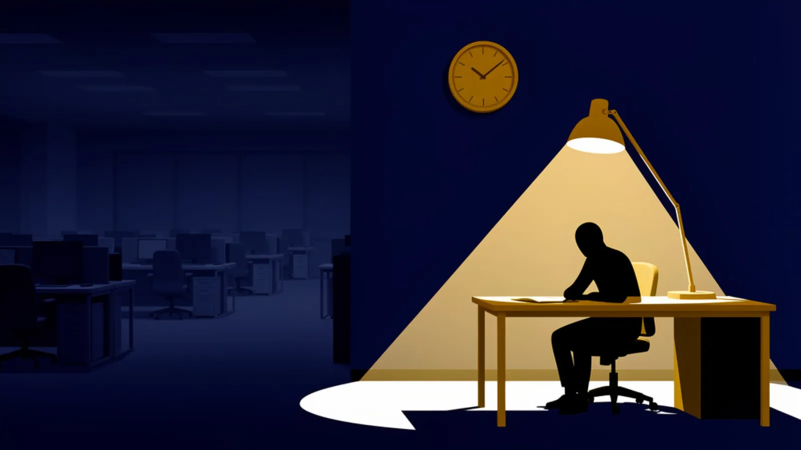 Silhouette an einem beleuchteten Schreibtisch im dunklen Büro nach Feierabend, daneben eine schlichte Wanduhr
