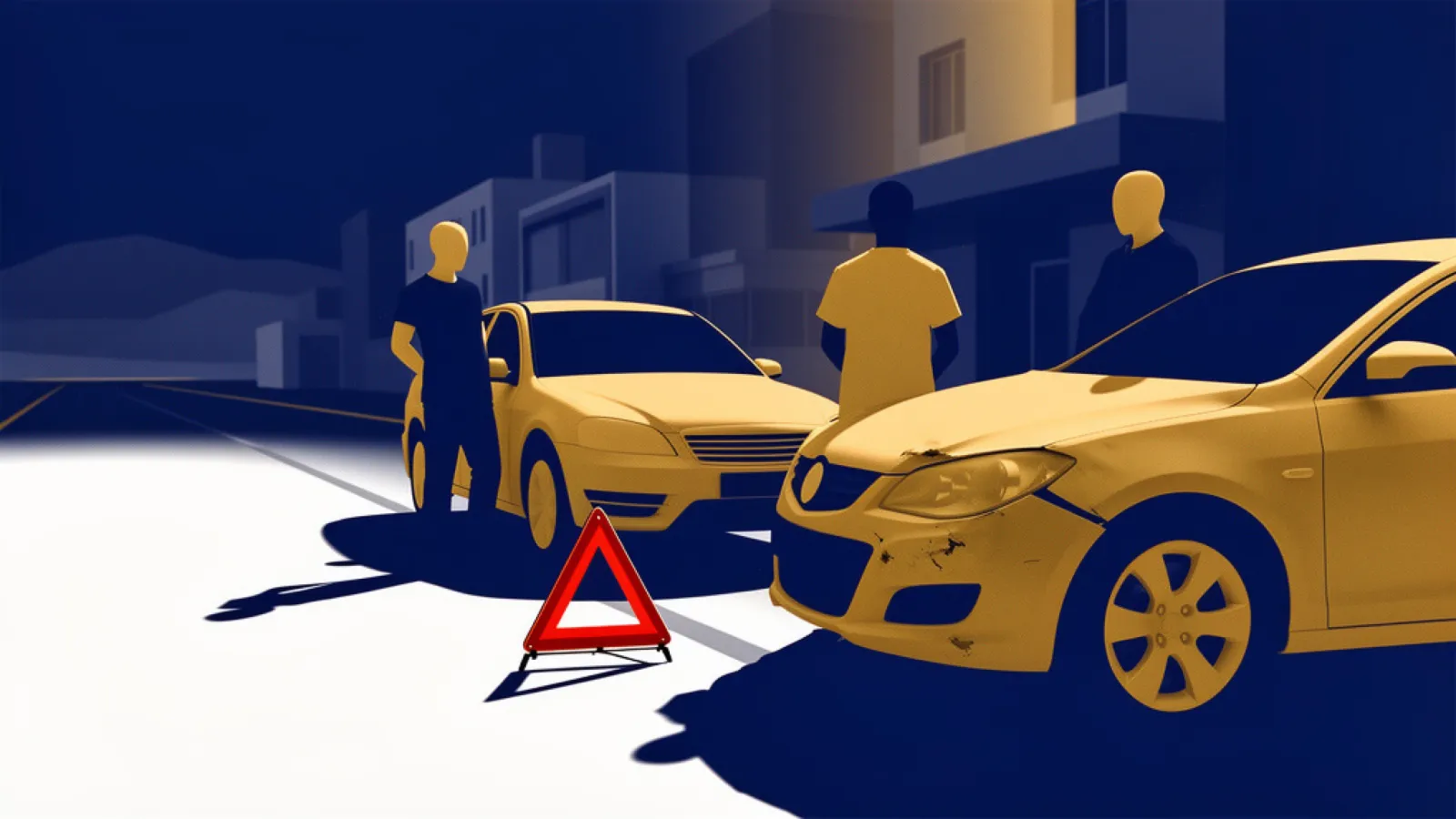 Beschädigtes Fahrzeug mit Knick im Kotflügel und Warndreieck nach einem Autounfall