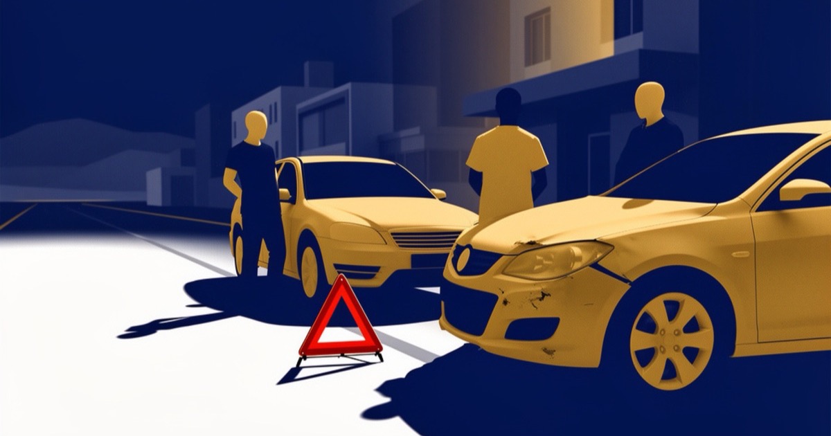 Beschädigtes Fahrzeug mit Knick im Kotflügel und Warndreieck nach einem Autounfall
