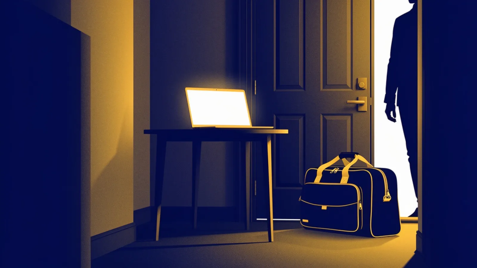 Laptop am heimischen Schreibtisch neben griffbereiter Arbeitstasche – Rückkehr vom Homeoffice ins Büro