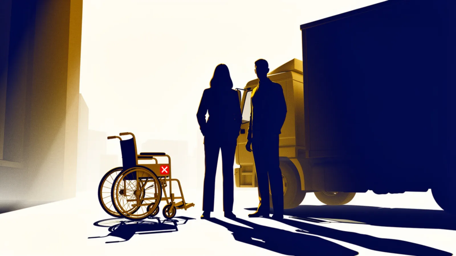 Leerer Rollstuhl neben Lkw-Silhouette, davor zwei eng stehende Trauernde als Sinnbild für Hinterbliebene nach Lkw-Unfall