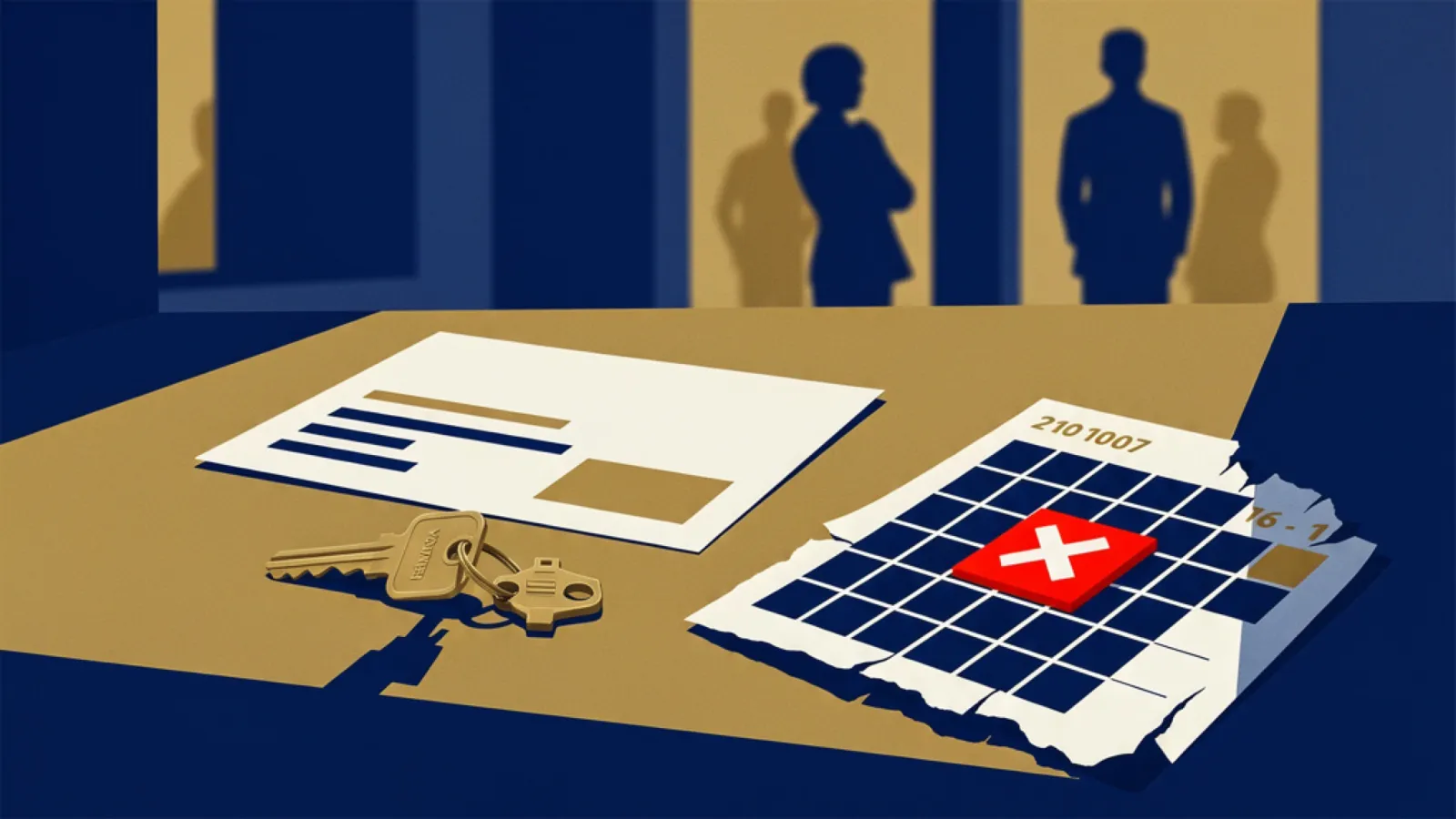 Kündigungsbrief für die geerbte Mietwohnung, Wohnungsschlüssel und Kalenderblatt mit markiertem Tag als Fristsymbol
