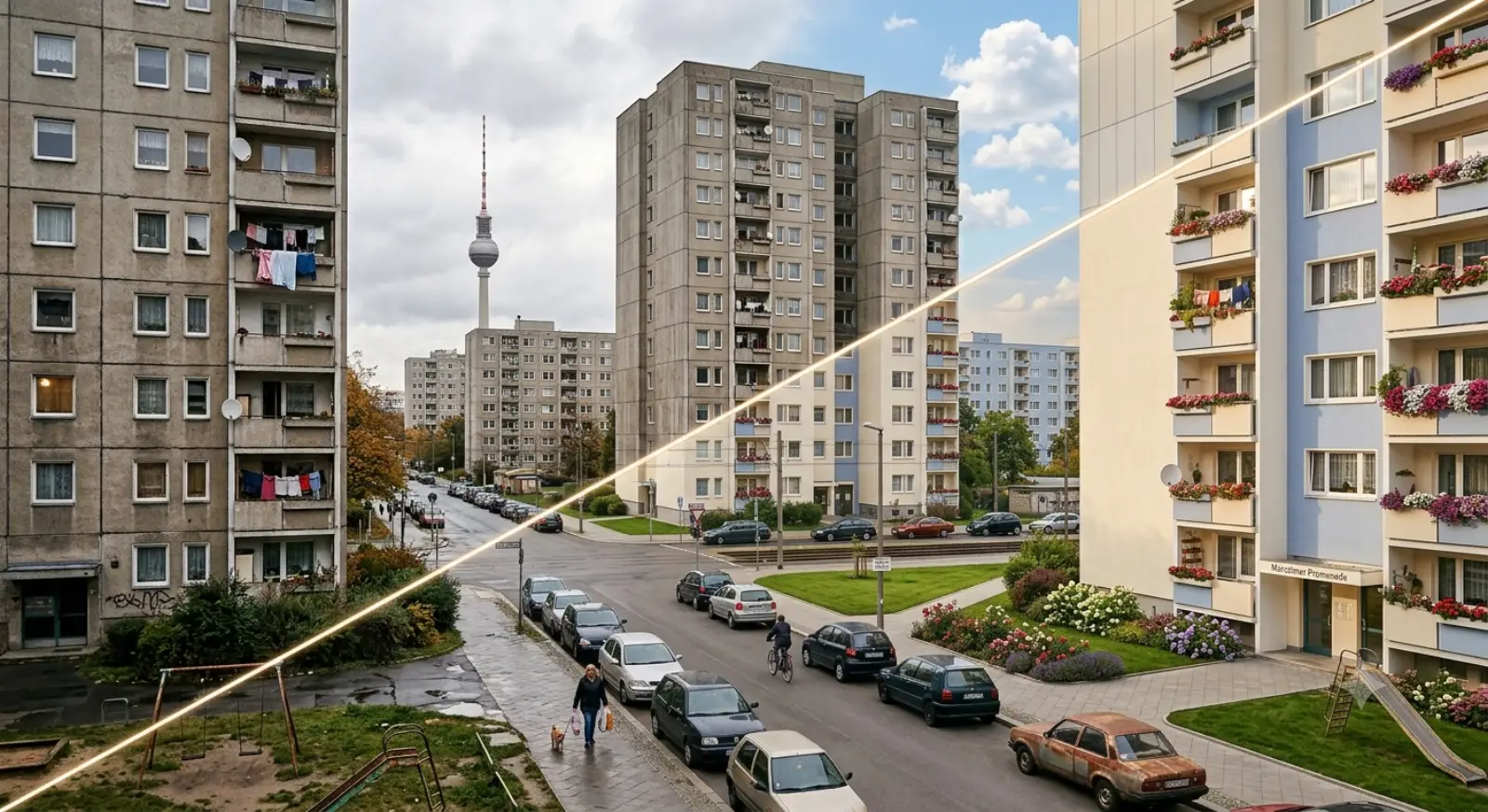 Geteilte Straßenansicht einer Berliner Plattenbausiedlung: links die unsanierte Fassade mit Fernsehturm im Hintergrund, rechts derselbe Bau nach der Sanierung mit Blumen und Balkonen