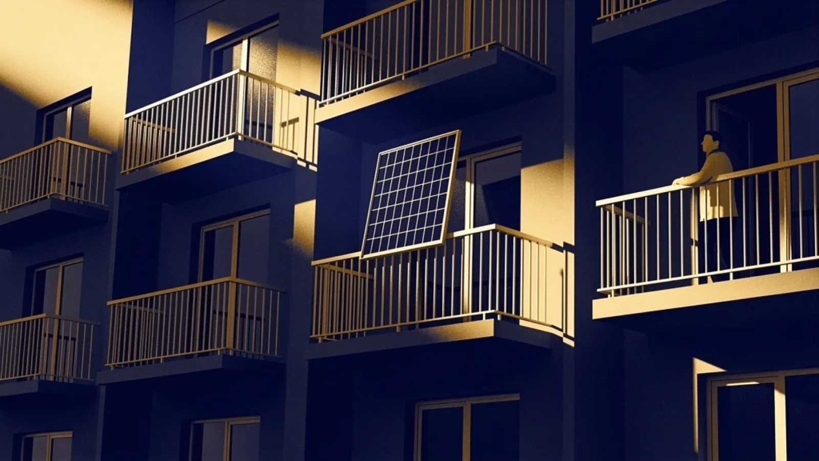 Steckersolargerät am Geländer eines Balkons zwischen baugleichen Nachbarbalkonen ohne Modul